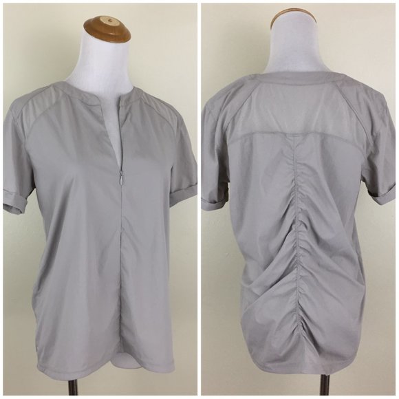INDYGENA Taupe Ruching Back Short Sheer Sleeve Insert 1/4 Hidden Zip Shirt - Picture 1 of 11